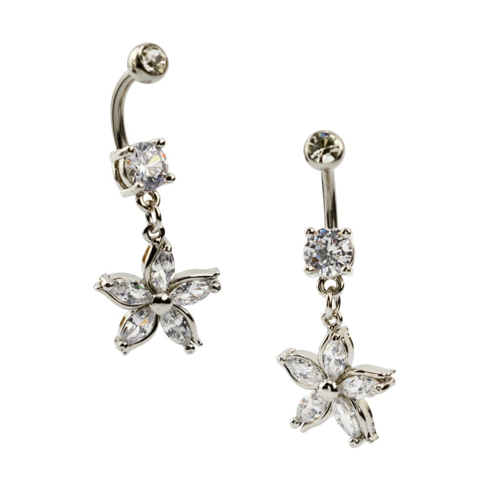 Steel 316L Belly Button Banana in Flower with Cubic Zirconia Shard Petals Dangle