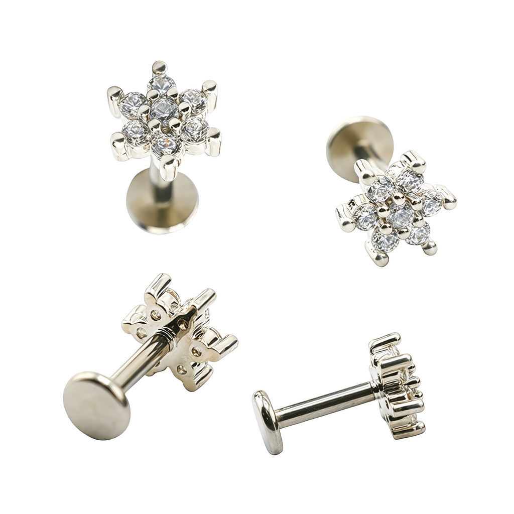 Steel 316L Internally Labret with Paved Round Cubic Zirconia Flower Top - Labret base 4mm