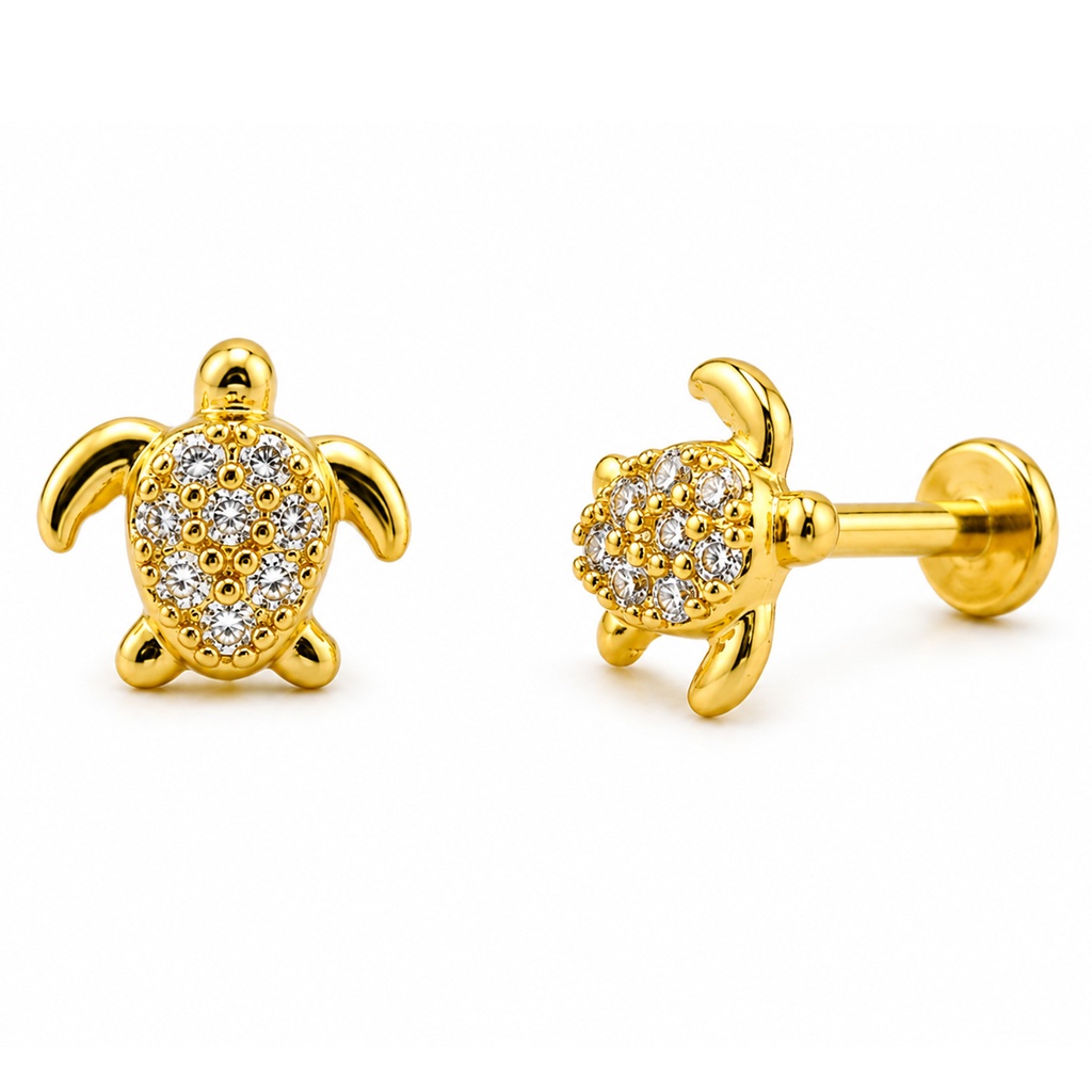 Steel 316 Gold Ti-PVD Coated Internally Labret with Cubic Zirconia Paved Turtle Top - Labret base 4mm