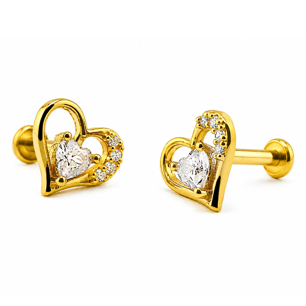 Steel 316L Gold  Internally Labret with Paved Heart Contour with Heart Cubic Zirconia Solitaire Top - Labret base 3mm