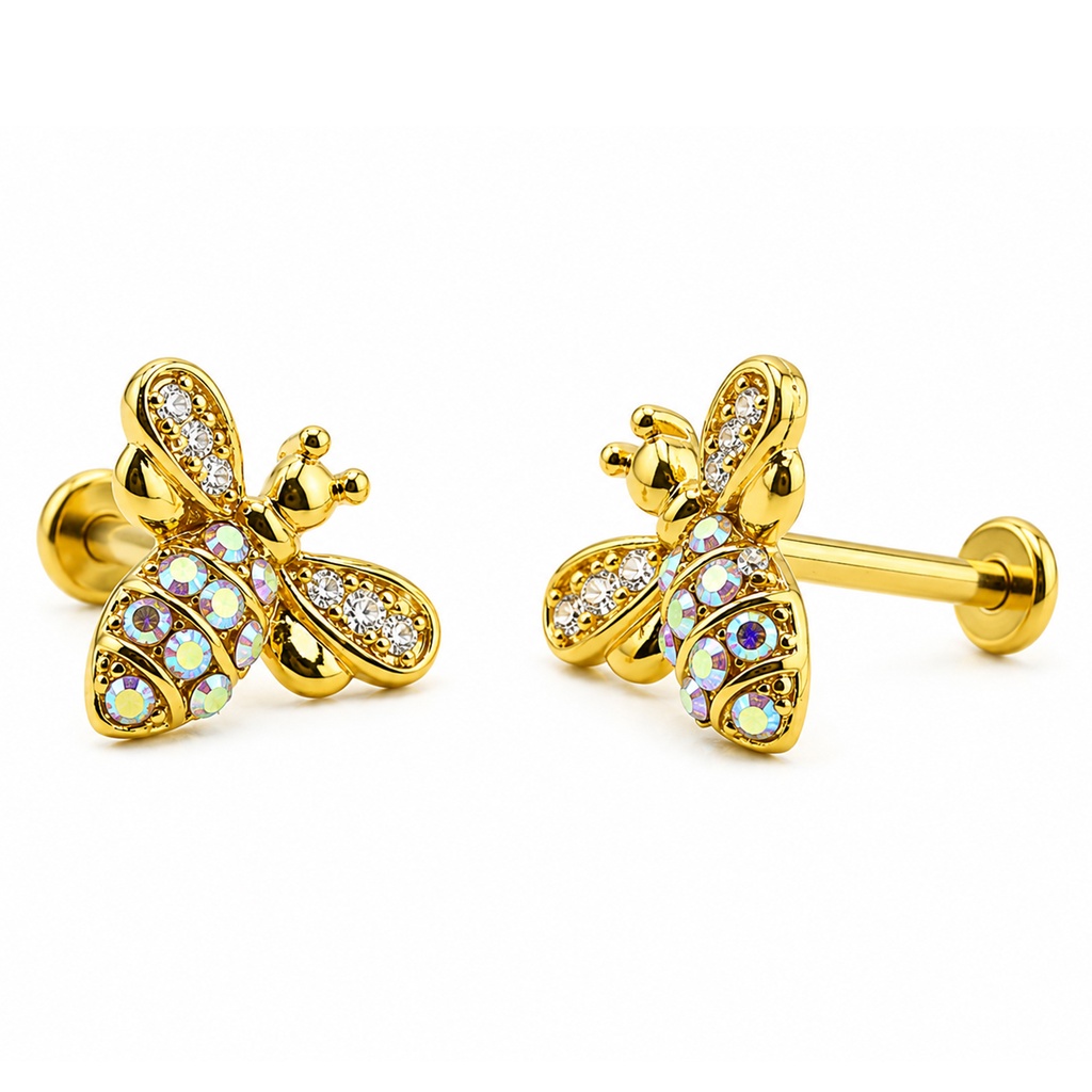 Steel 316L Gold Ti-PVD Coated Internally Labret in Micro Cubic Zirconia Paved Bee With AB Crystals - Labret base 3mm