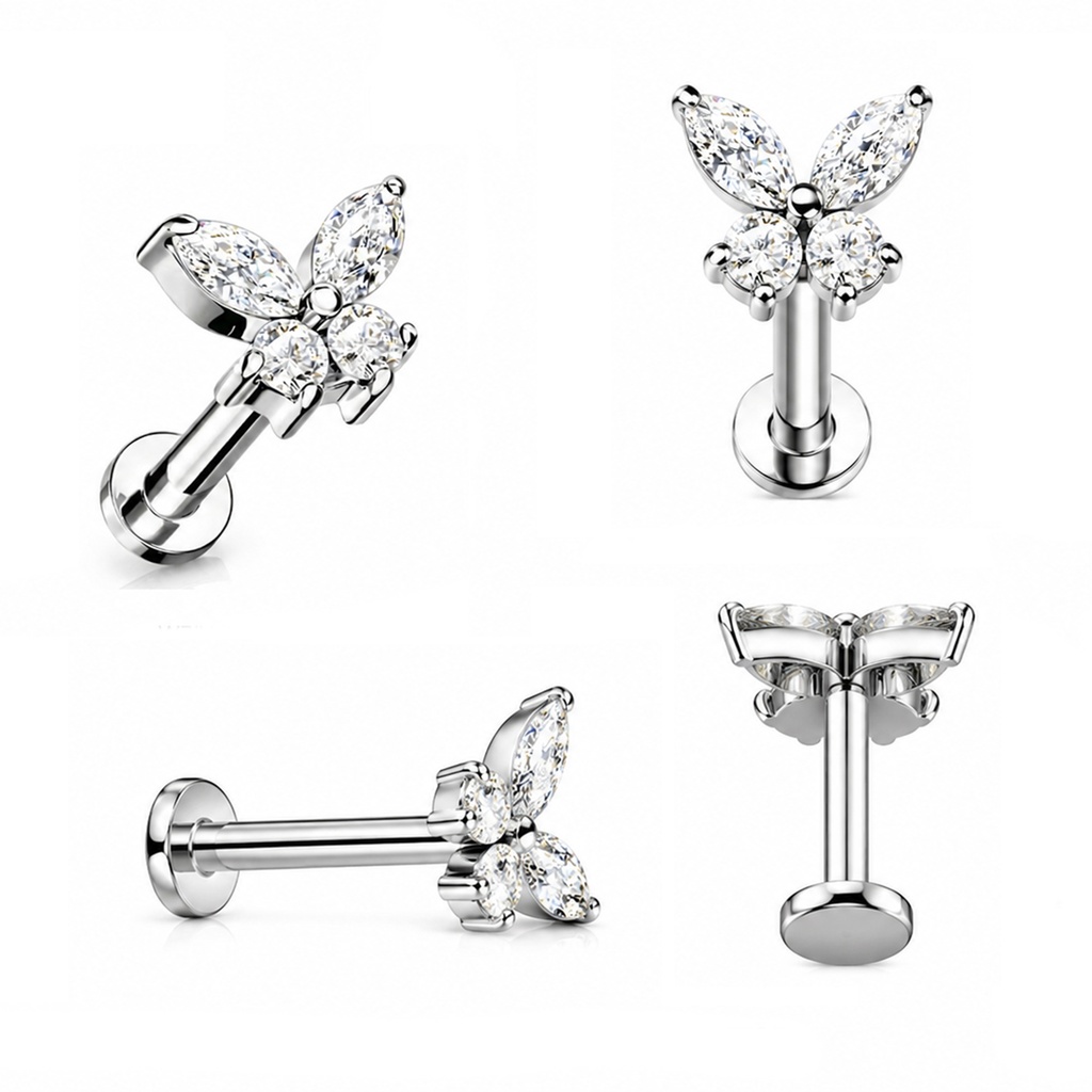 Steel 316L Internally Labret in Cubic Zirconia Butterfly Top - Labret base 3mm