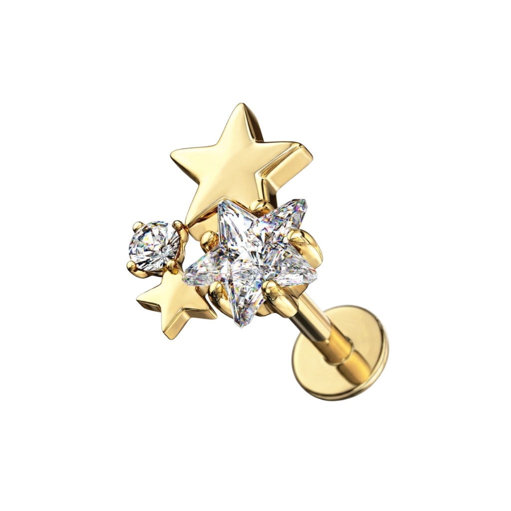 Steel 316L Gold Ti-PVD Coated Internally Labret with Cluster Cubic Zirconia Star Top - Labret base 4mm 