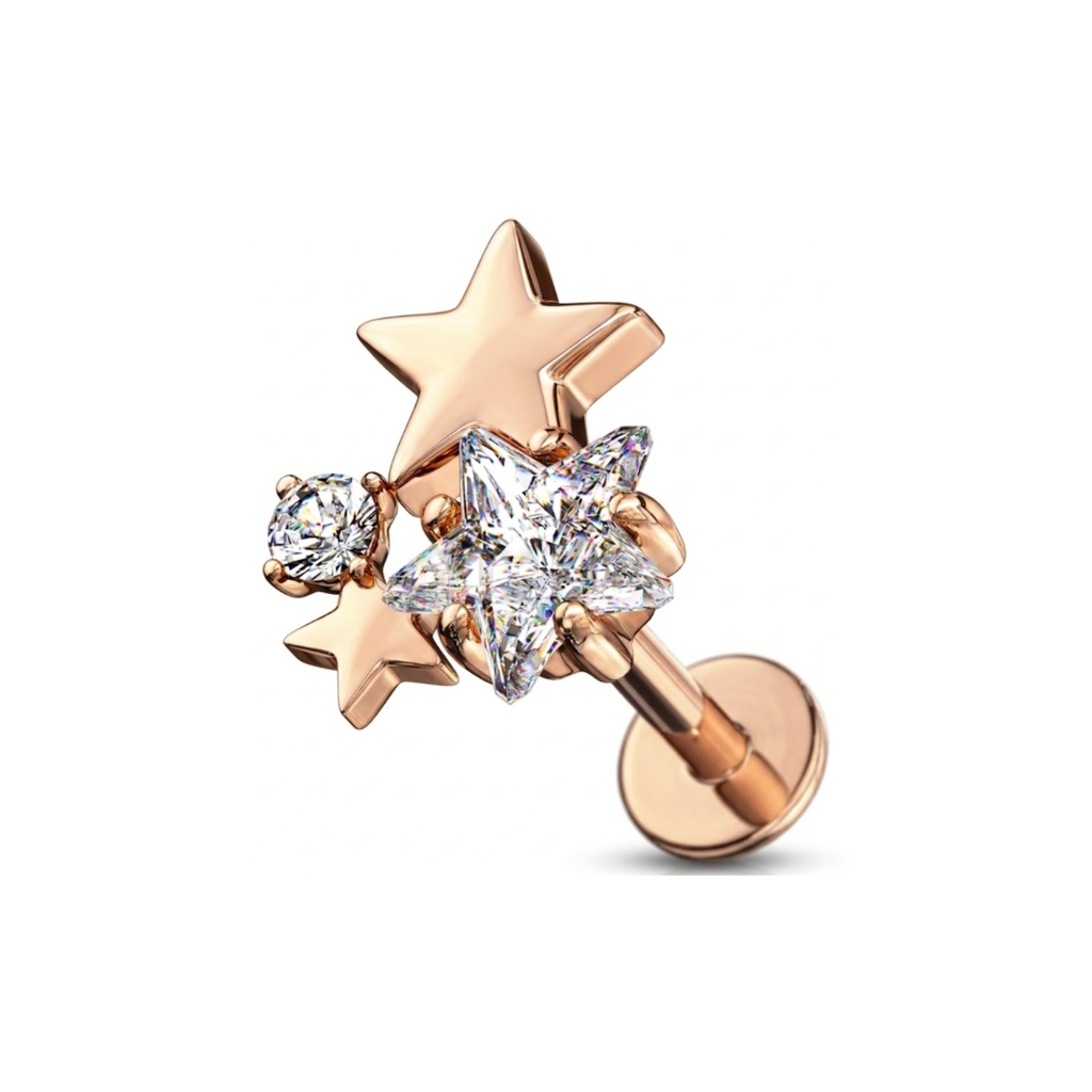 Steel 316L Rose Gold Ti-PVD Coated Internally Labret with Cluster Cubic Zirconia Star Top - Labret base 4mm  
