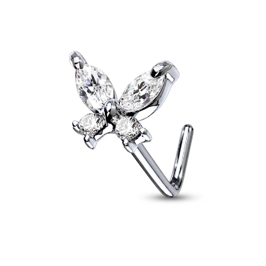 Steel 316L White Gold Ti-PVD Cubic Zirconia Butterfly L Shape Nose Stud