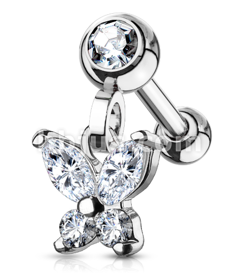 Steel 316L Barbell Studs with Cubic Zirconia Butterfly Dangle Jeweled Set Ball 