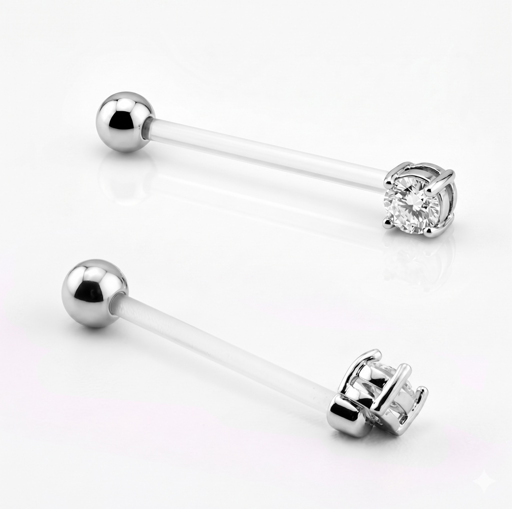 Bioflex Belly Ring with Steel 316L Double Jeweled Prong Set Round Cubic Zirconia  