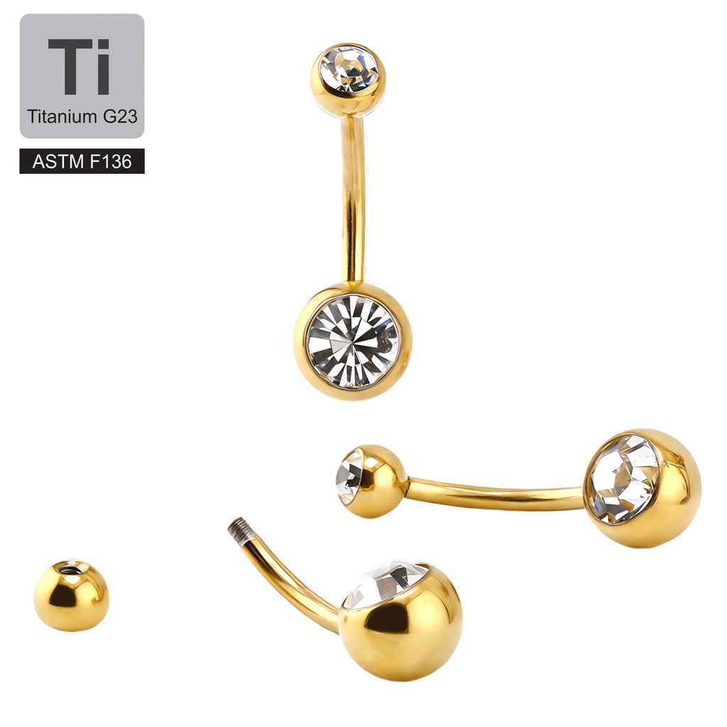 Titanium G23/ASTM F-136 Gold Ti-PVD Bananabell with Double Crystal (5+8mm) - 14GA(1.6mm) 
