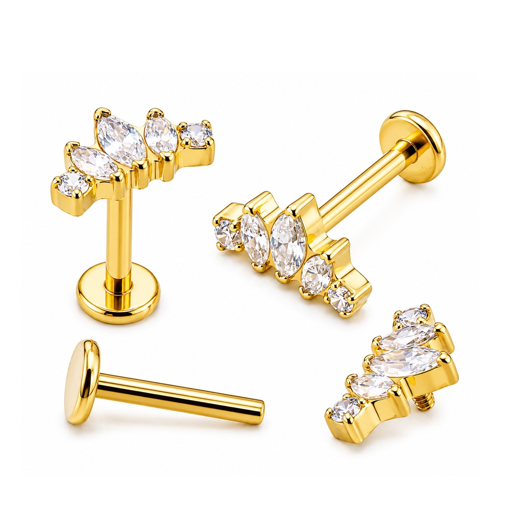 ASTM F136 Titanium G23 Gold Ti-PVD Coated Internally Threaded Labret with 3 Marquise & 2 Round Cubic Zirconia Top