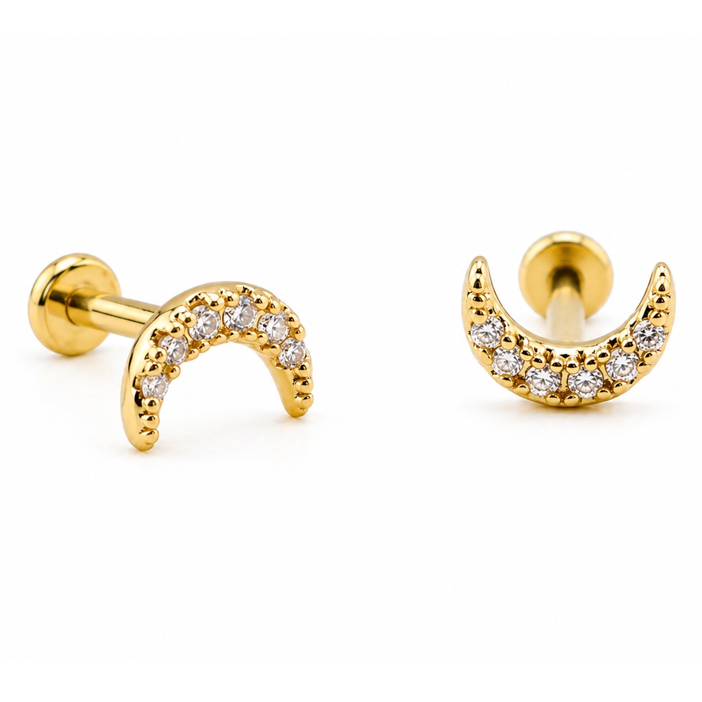 Steel 316L Gold Ti-PVD Coated Internally Threaded Labret with Cubic Zirconia Paved Crescent Moon Top 