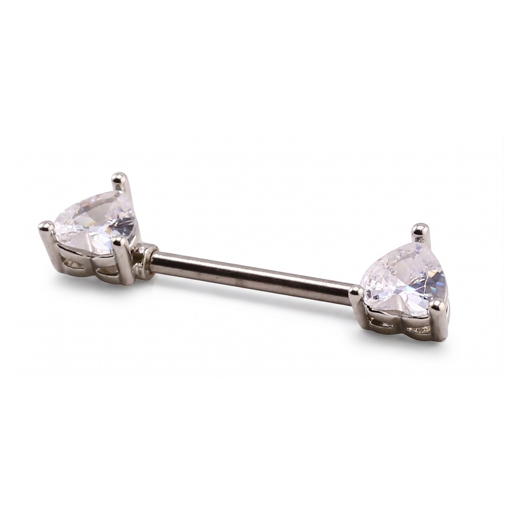 Steel 316L Nipple Barbel with Double Front Facing Prong Set Heart Cubic Zirconia 