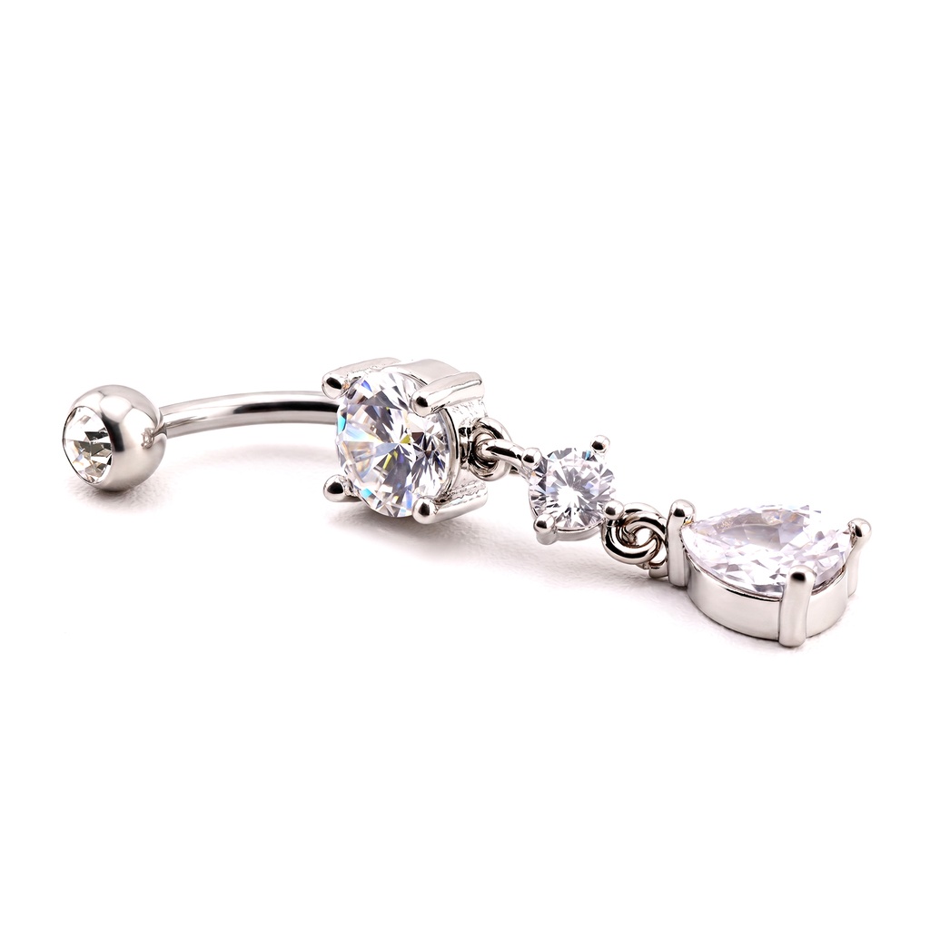 Steel 316L Belly Button Banana with Cubic Zirconia Tear Drop Dangle 