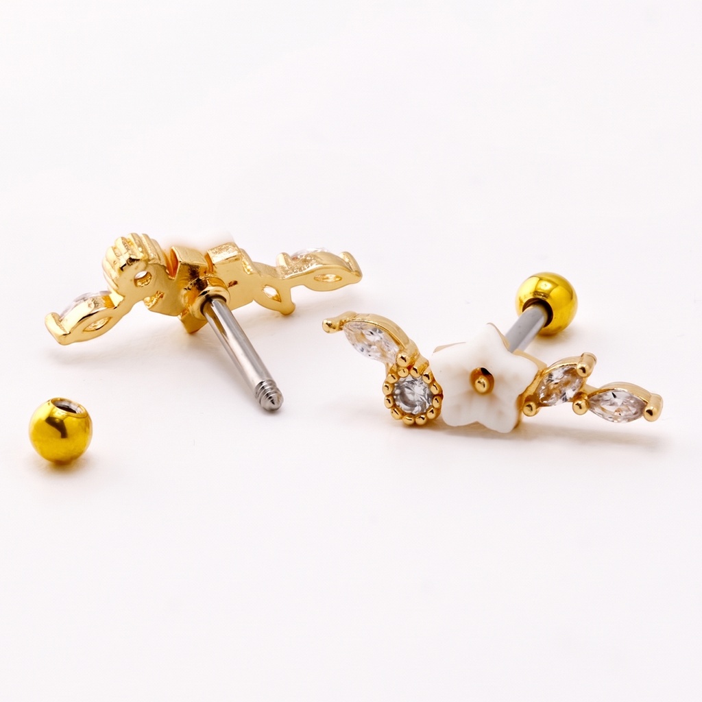 Steel 316L Barbell in Brass Flower with Cubic Zirconia Arranged in a Vine Design with Crystals 