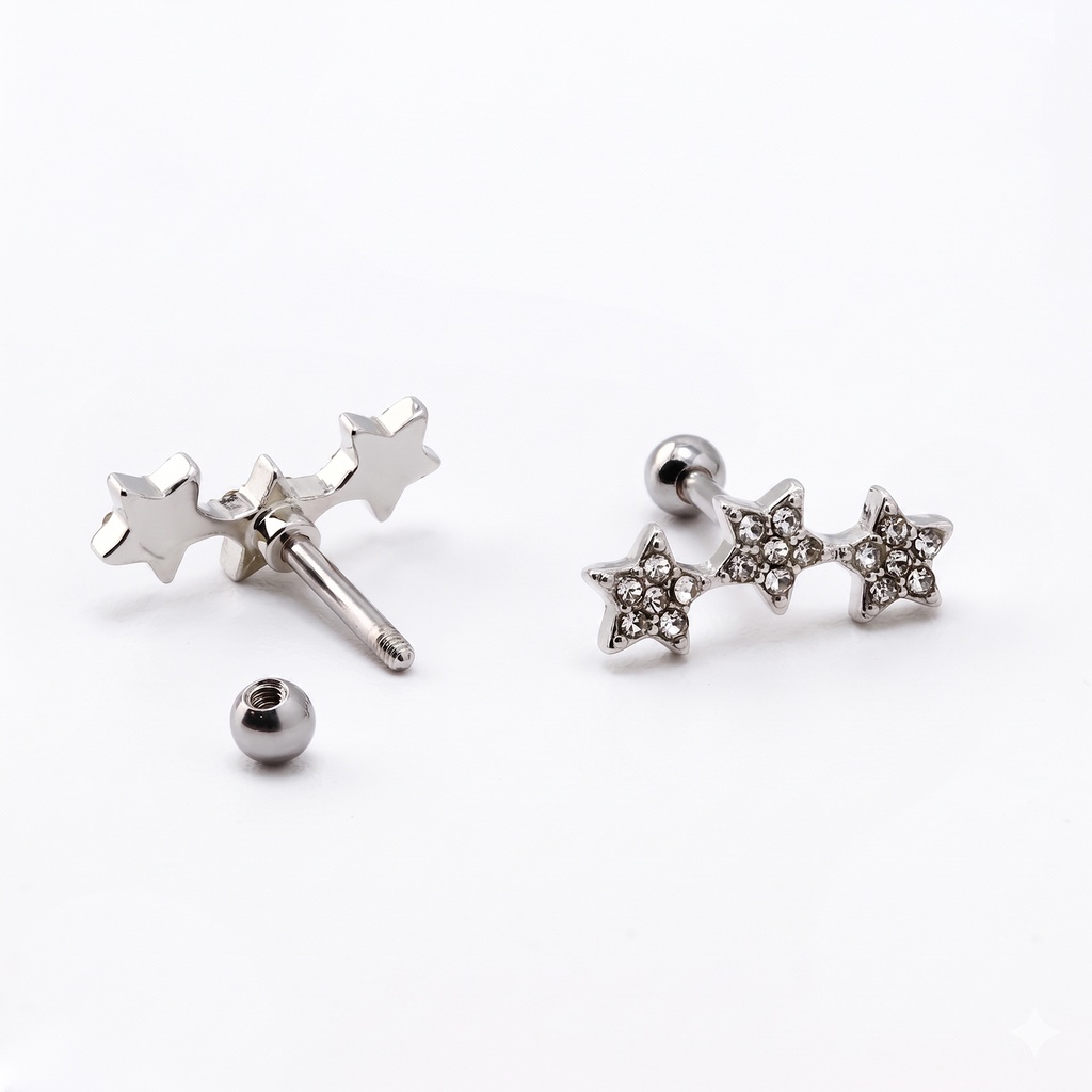 Steel 316L Barbell in 3 Stars Design with Crystals