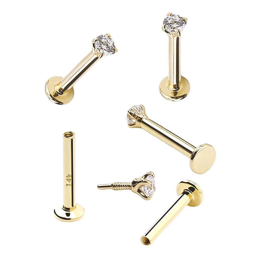 14K Real Gold Internally Labret with Round Synthetic Diamond Top Design (Claw Setting) 