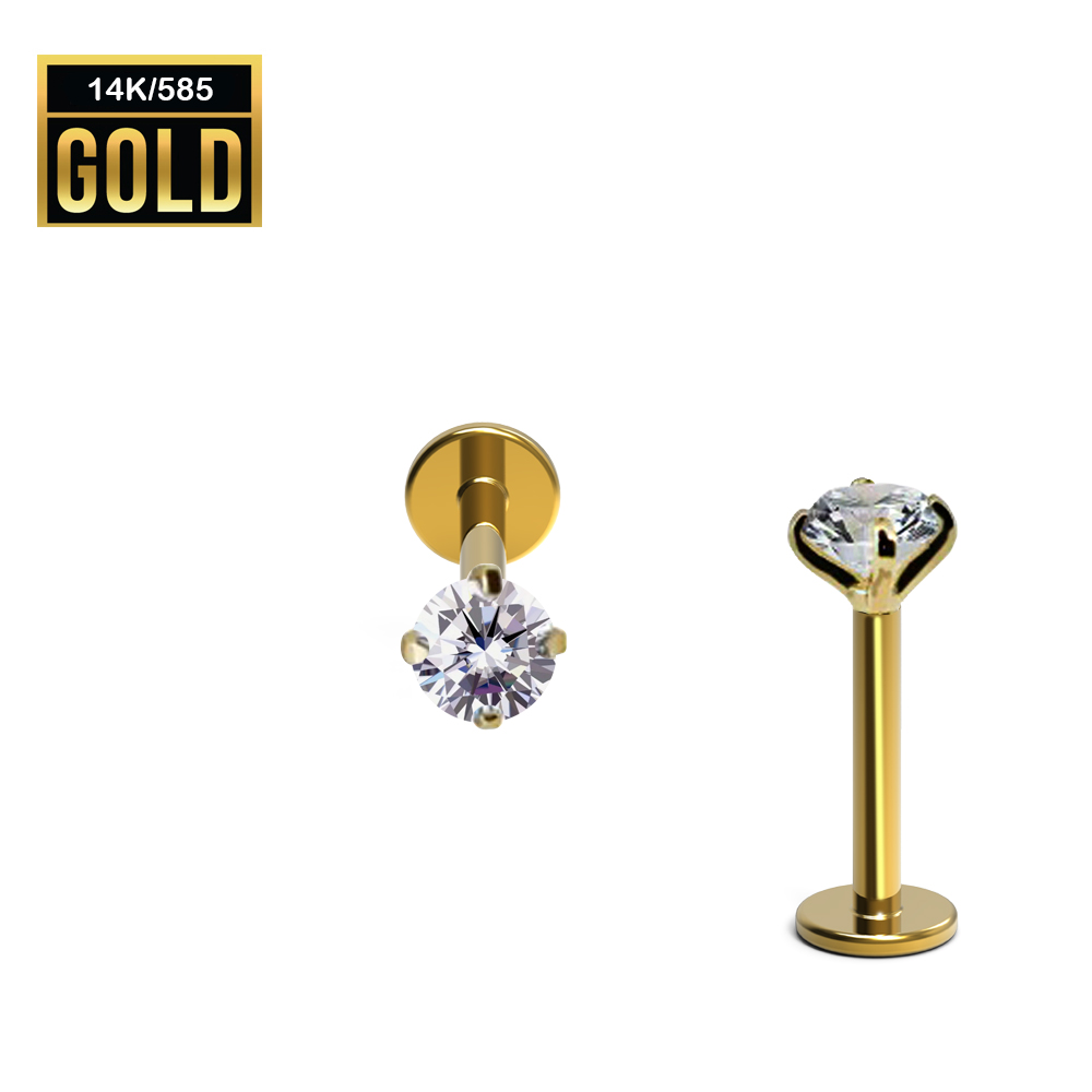 14K Real Gold Internally Labret with Round Cubic Zirconia Top Design (Claw Setting)