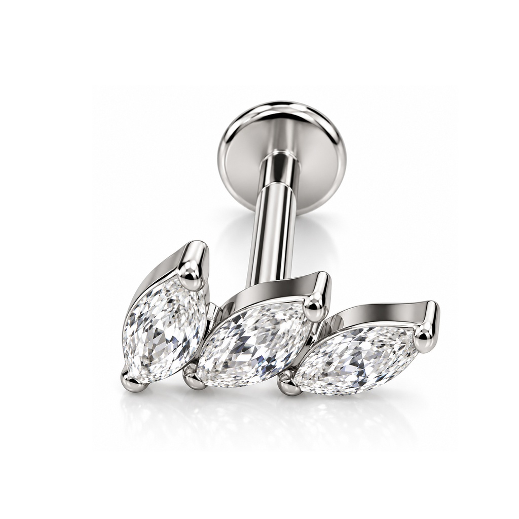 Titanium G23/ASTM F-136 White Gold Ti-PVD Coated Internally Threaded Labret with 3 Prong Set Marquise Premium Top - Internal Thread 0.9mm 