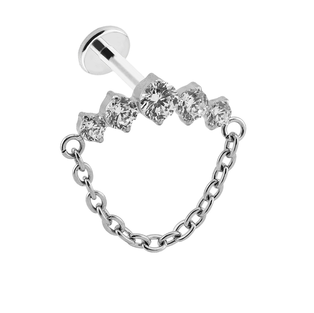 Titanium G23/ASTM F-136 White Gold Ti-PVD Coated  Internally Threaded In 5 CNC Set Round Cubic Zirconia With Dangle Chain Top Design, Internal Thread 0.9mm          