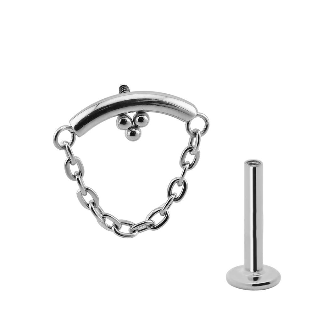 Titanium G23/ASTM F-136 White Gold Ti-PVD Coated Internally Threaded with Chain and 3 Beads On Bar Top Design, Internal Thread 0.9mm   