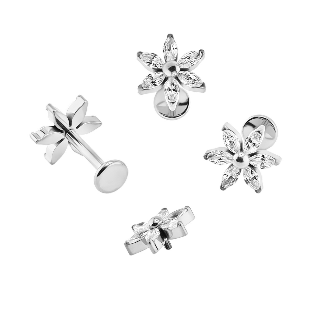 Titanium G23/ASTM F-136 White Gold Ti-PVD Coated with Internally Threaded In 6 Prong Set Marquise Cubic Zirconia Flower Top - Internal Thread 0.9mm