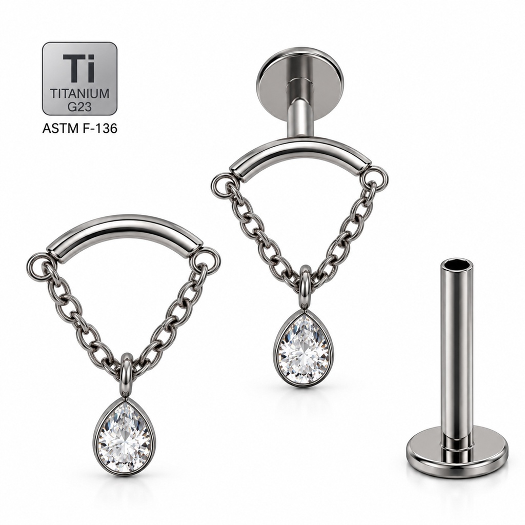 Titanium G23/ASTM F136 White Gold Ti-PVD Coated Internally Threaded Hidden Helix Labret with Chain and Drop Cubic Zirconia Center Top, Internal Thread 0.9mm