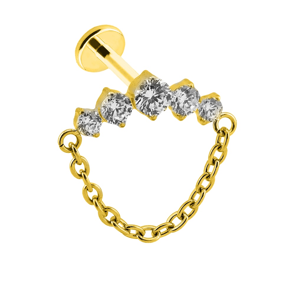 Titanium G23/ASTM F-136 Gold Ti-PVD Coated  Internally Threaded In 5 CNC Set Round Cubic Zirconia With Dangle Chain Top Design, Internal Thread 0.9mm 