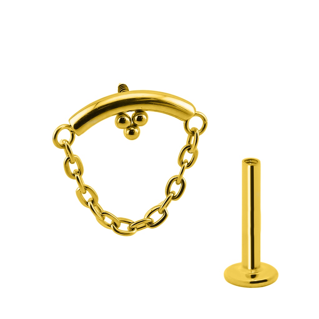 Titanium G23/ASTM F-136 Gold Ti-PVD Coated Internally Threaded with Chain and 3 Beads On Bar Top Design, Internal Thread 0.9mm 