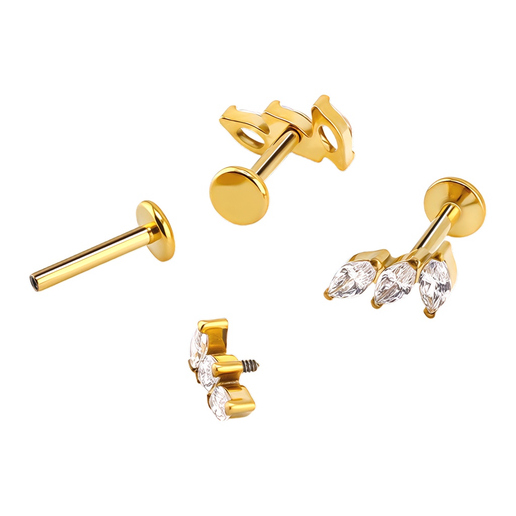 Titanium G23/ASTM F-136 Yellow Gold Ti-PVD Coated Labret with Internally Threaded in 3 Prong Set Marquise Cubic Zirconia Top - Internal Thread 0.9mm 