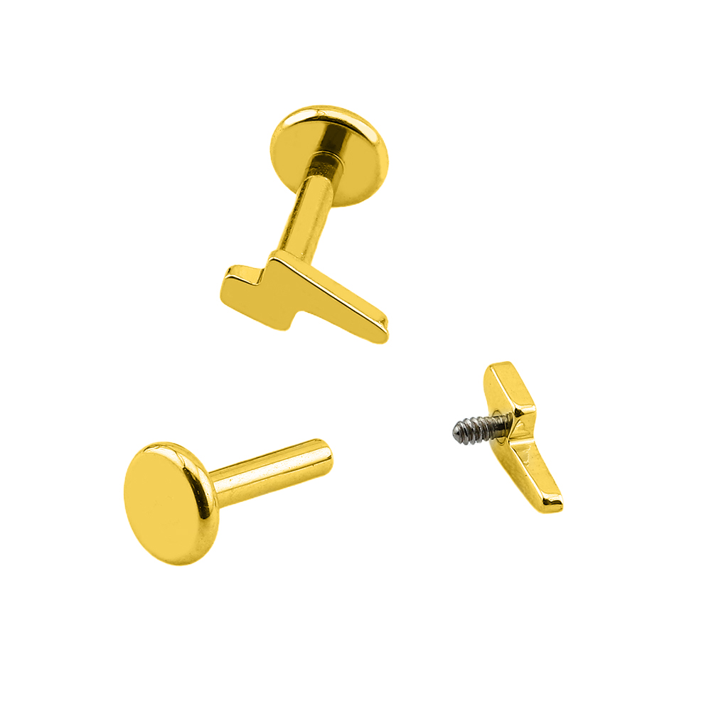 Titanium G23/ASTM F-136 Gold Ti-PVD Coated Internally Labret with Lightning Top Design, Internal Thread 0.9mm 