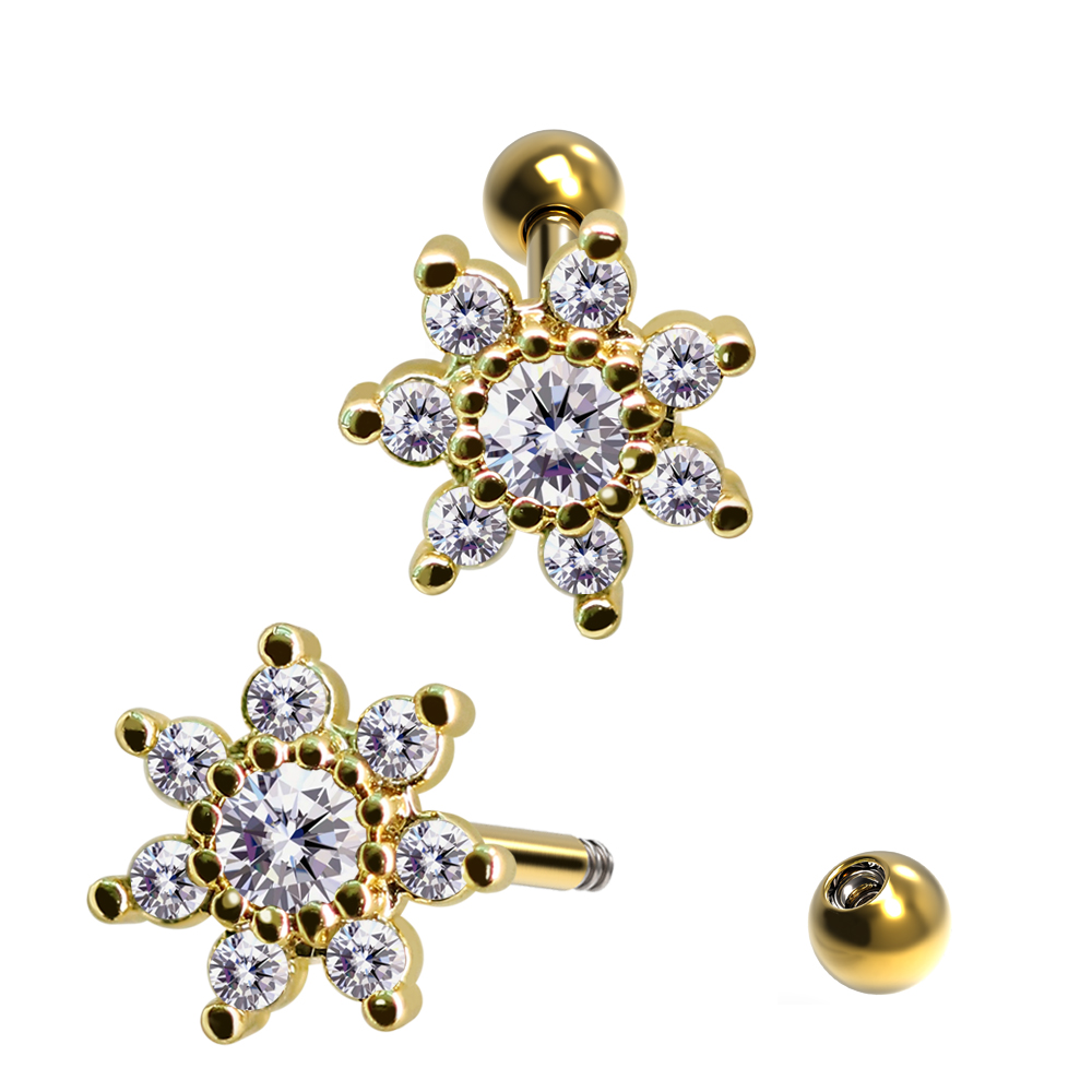 Steel 316L Barbell in Flower Design with Crystals - CC Crystal Clear