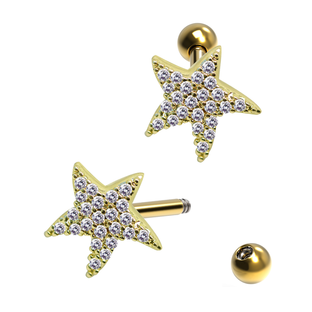 Steel 316L Barbell in Starfish Design with Crystals - CC crystal clear