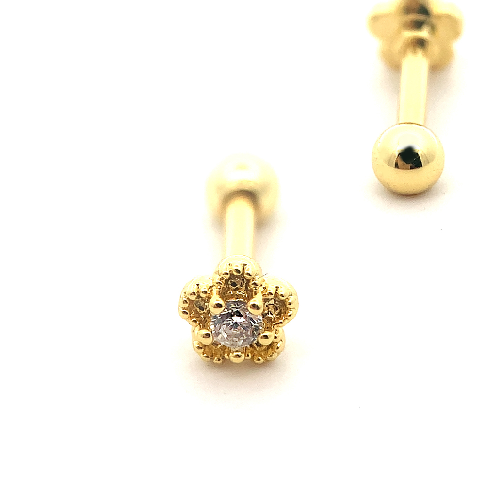 Steel 316L Barbell in Flower Design with Crystals - CC Crystal Clear