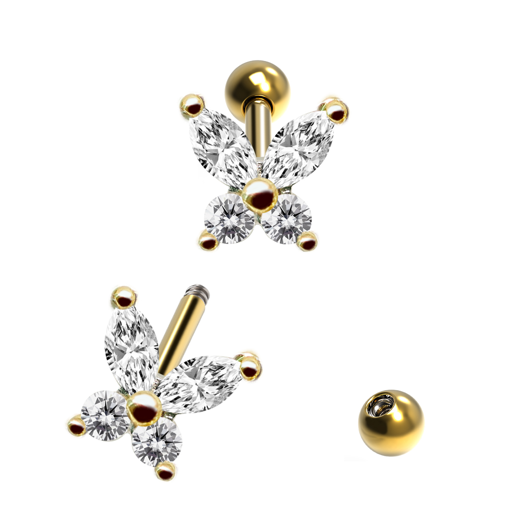 Steel 316L Barbell in Butterfly with Crystals - CC Crystal Clear