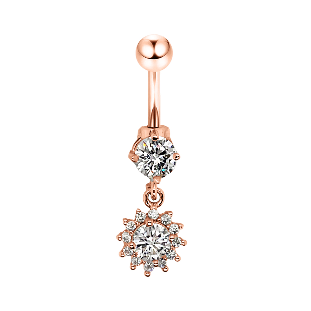Steel 316L Rose Gold Ti-PVD Coated Belly Button Banana in Fashion Design - CC Crystal Clear -14GA(1.6mm)    
