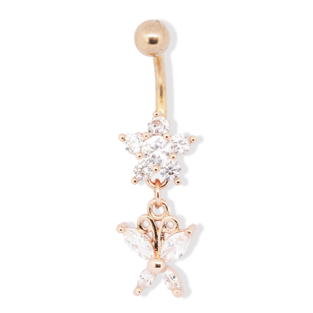 Steel 316L Rose Gold Ti-PVD Coated Belly Button Banana in Fashion Design - CC Crystal Clear 