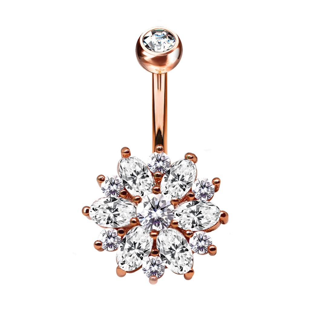 Steel 316L Rose Gold Ti-PVD Coated Belly Button Banana in Fashion Design - CC Crystal Clear 