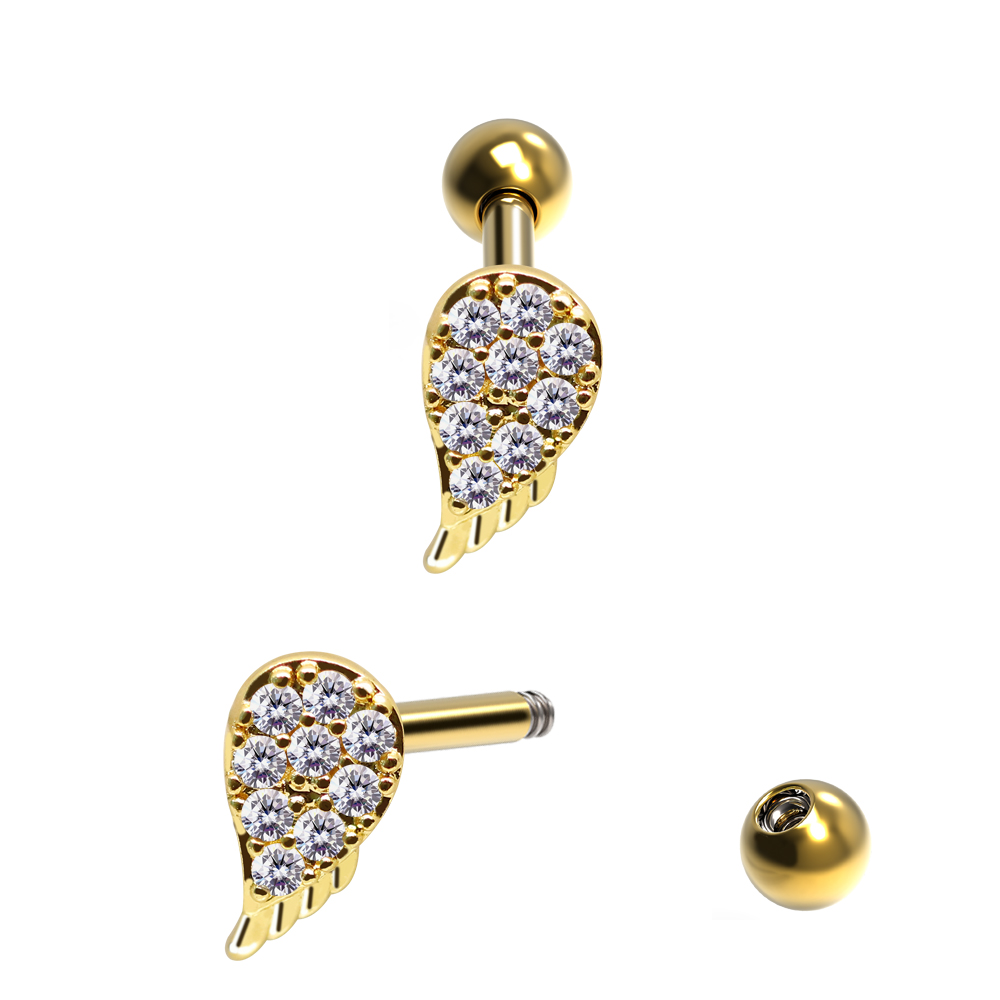 Steel 316L Barbell in Wings Design with Crystals - CC Crystal Clear