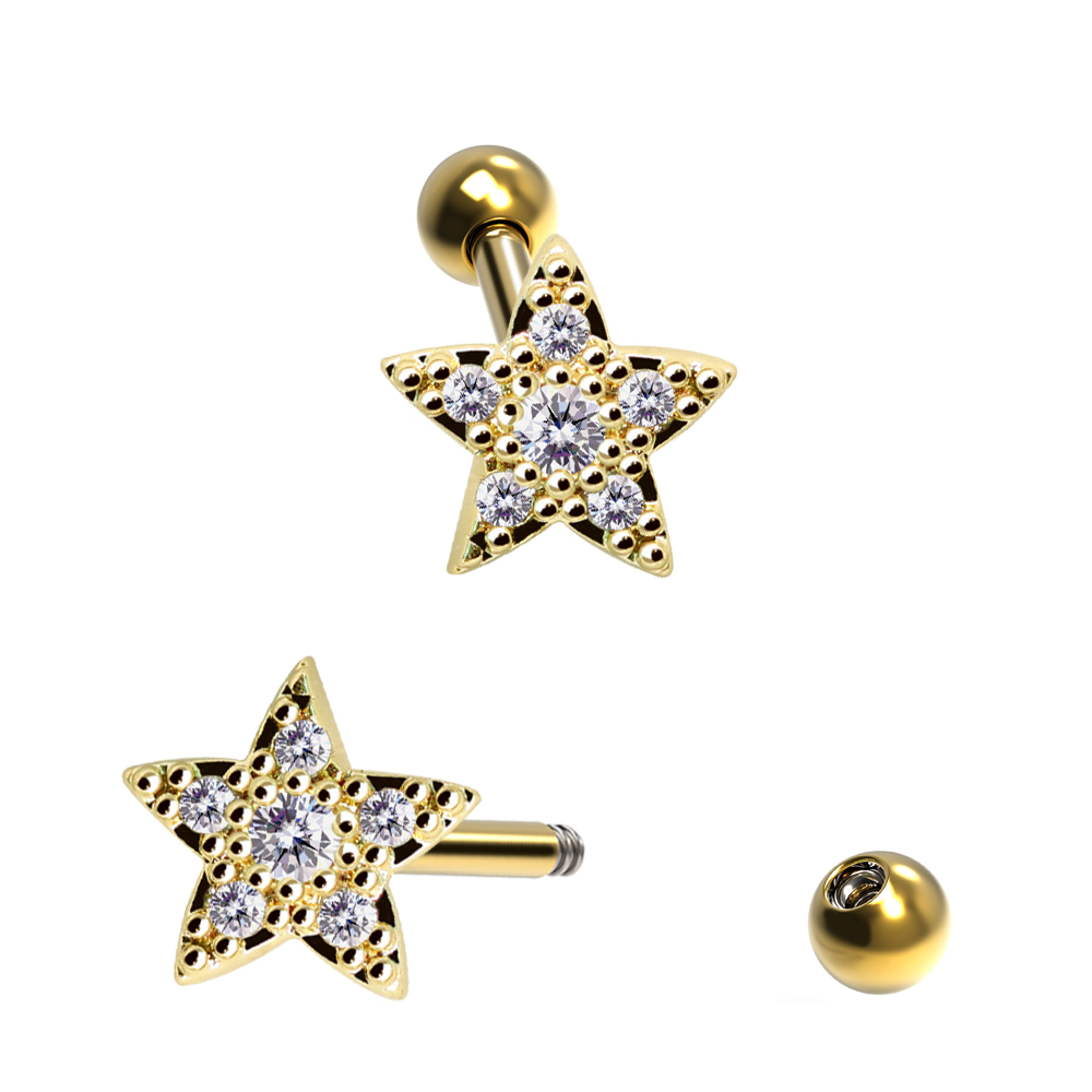 Steel 316L Barbell in Star Design with Crystals - CC Crystal Clear