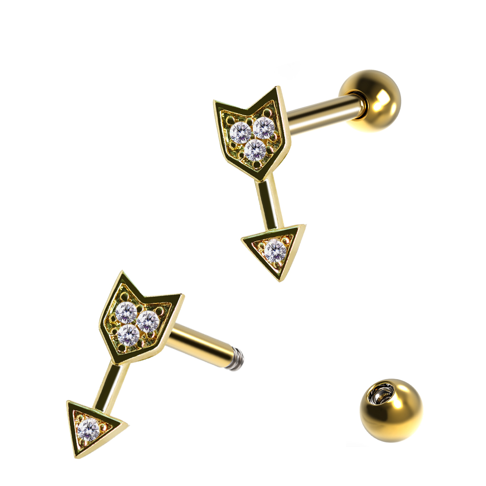 Steel 316L Barbell in Arrow Brass Design with Crystals - CC Crystal Clear