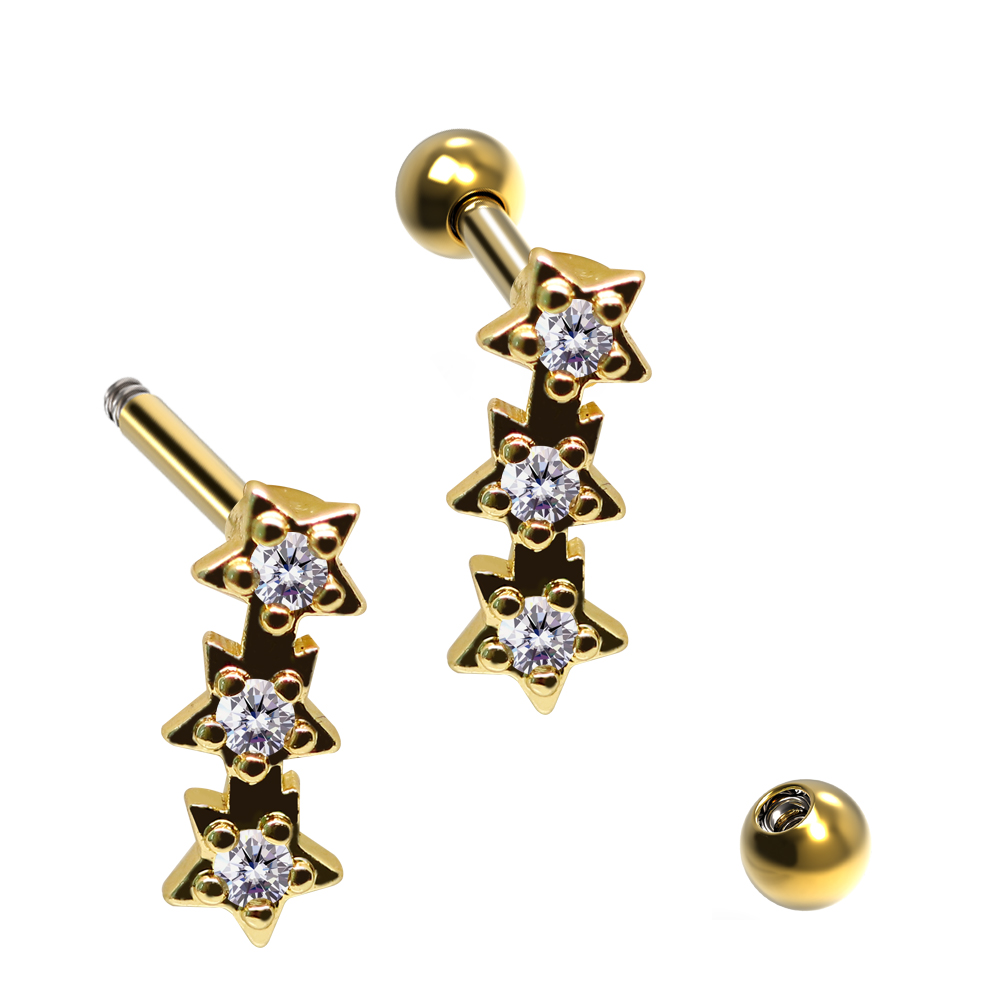 Steel 316L Barbell in Star Design  with Crystals - CC Crystal Clear