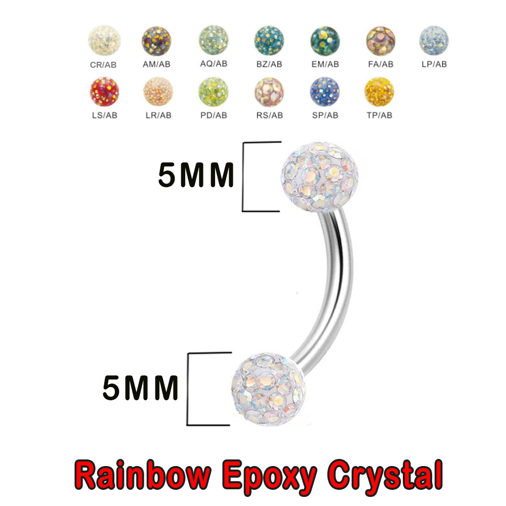 Steel 316L Bananabell with Double Rainbow Crystal Epoxy Covered Balls (5+5mm) - 14GA(1.6mm)