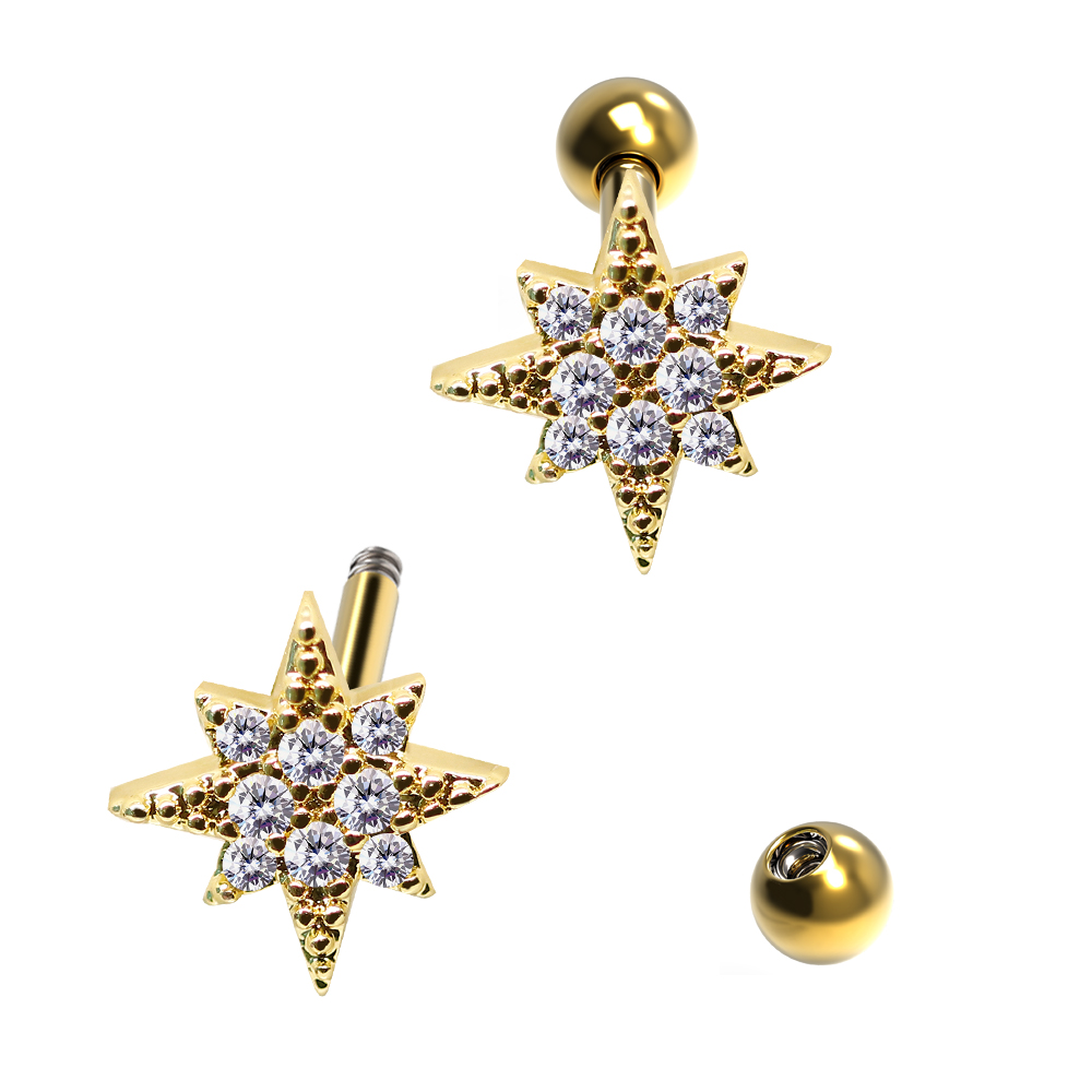 Steel 316L Barbell in Star Brass Design with Crystals - CC Crystal Clear
