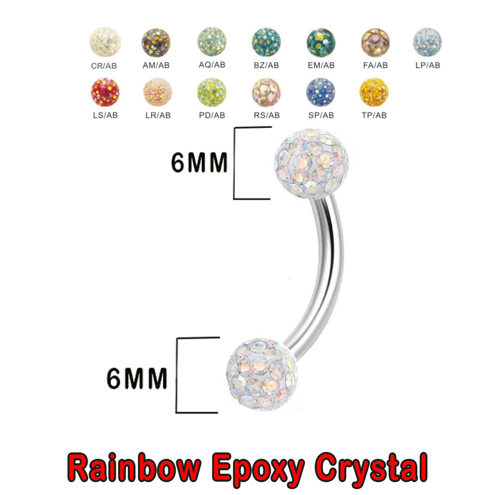 Steel 316L Bananabell with Double Rainbow Crystal Epoxy Covered Balls (6+6mm) - 14GA(1.6mm)