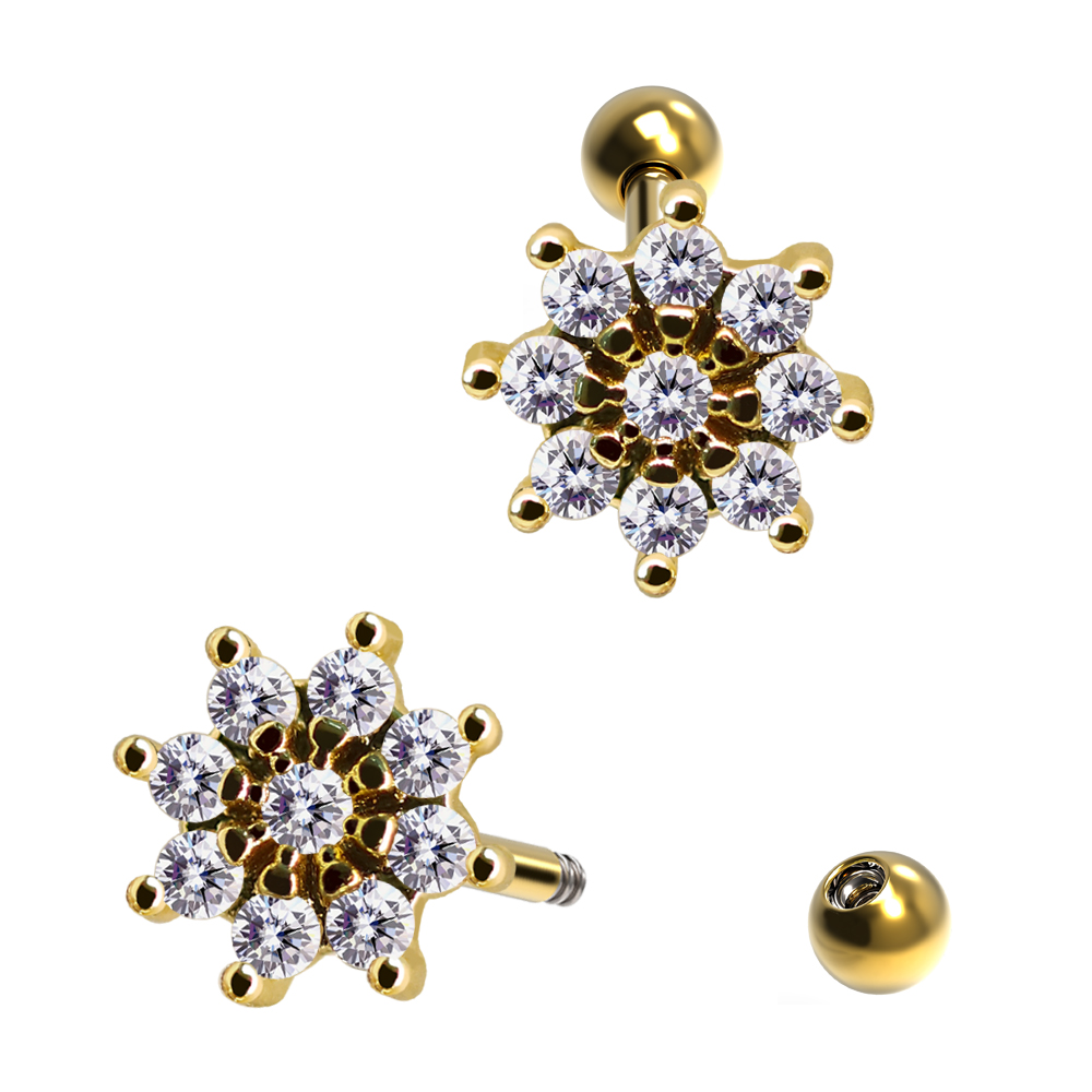 Steel 316L Barbell in Flower Brass Design with Crystals - CC Crystal Clear