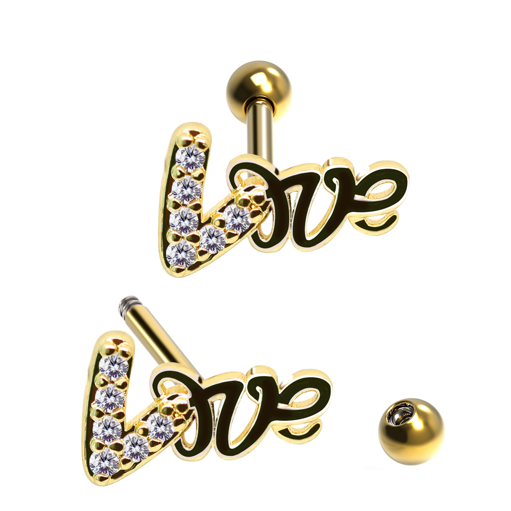 Steel 316L Barbell in Love Brass Design with Crystals - CC Crystal Clear