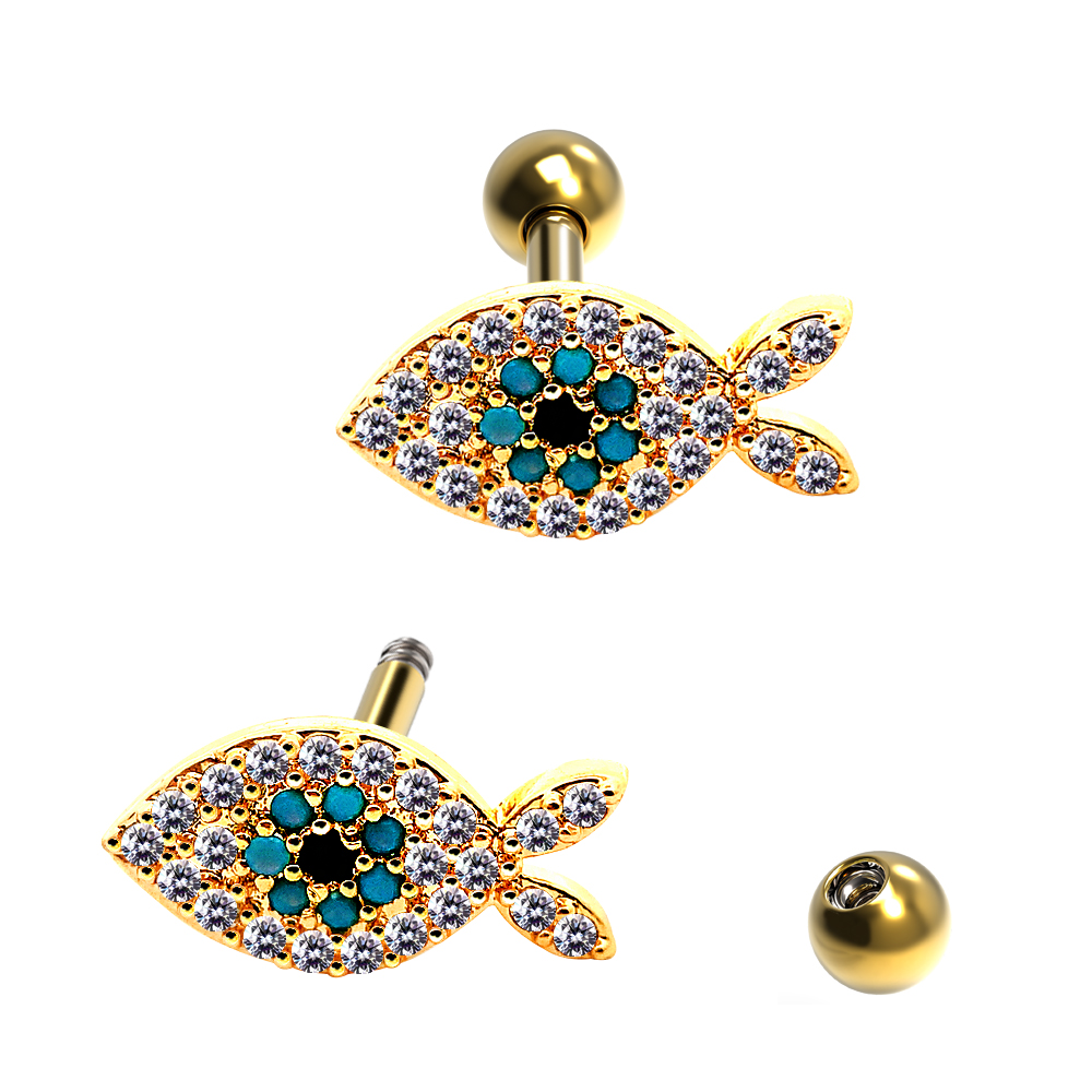 Steel 316L Barbell in Fish Design with Crystals - CC Crystal Clear