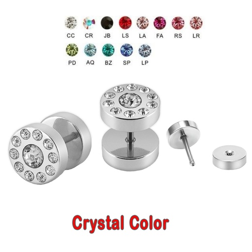Steel 316L Ear Fake Plug with Flat Crystal Disc - 16GA(1.2mm) 