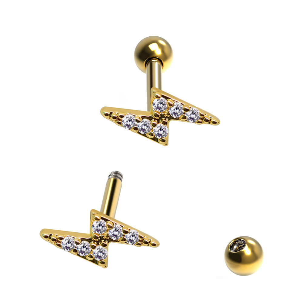 Steel 316L Barbell in Lightning Design  with Crystals - CC Crystal Clear