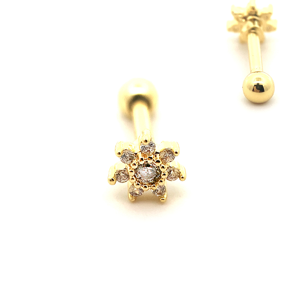 Steel 316L Barbell in Flower Design  with Crystals - CC Crystal Clear