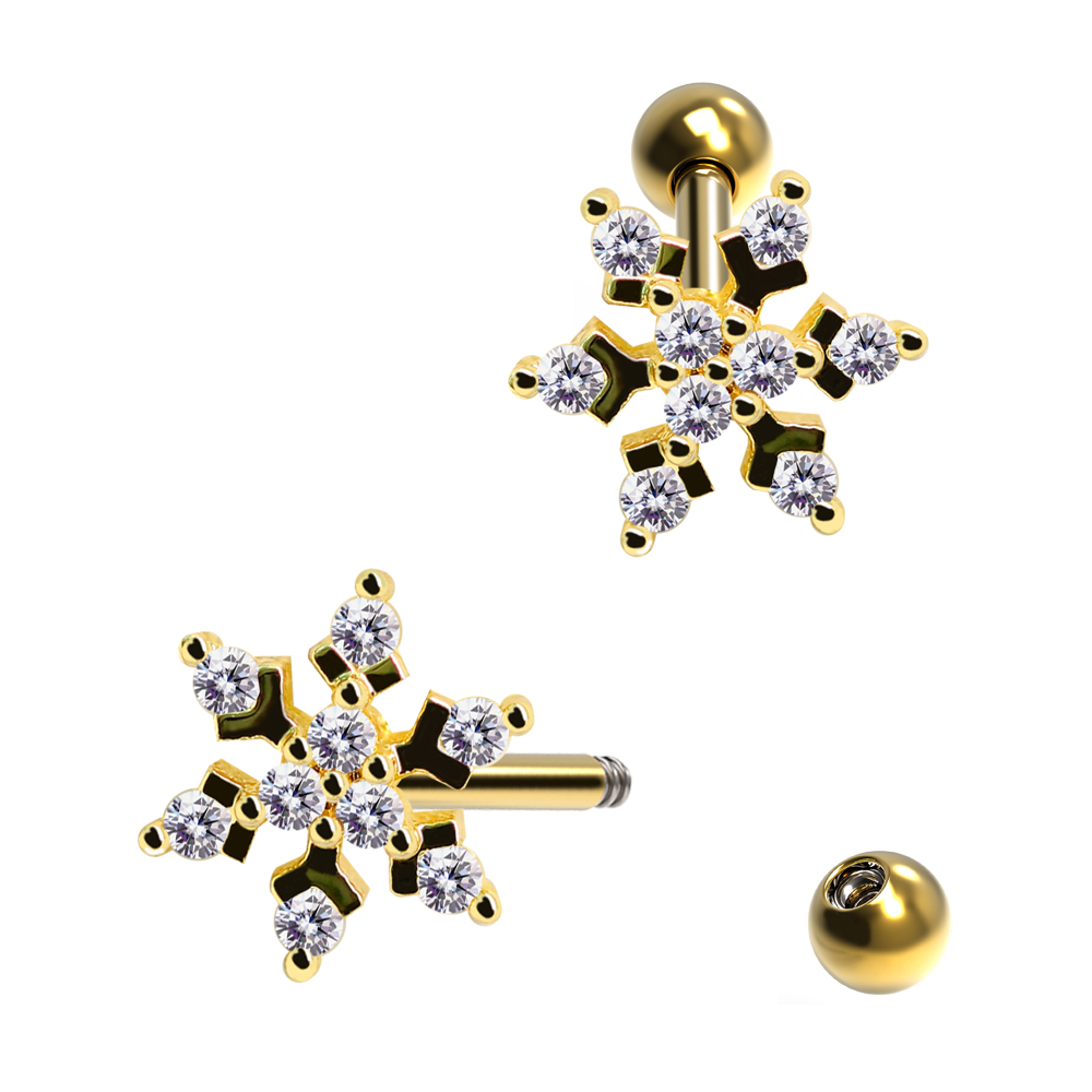 Steel 316L Barbell in Snowflake Brass Design with Crystals - CC Crystal Clear